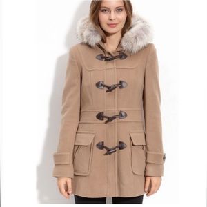 Andrew Marc cashmere wool toggle zip close genuine fur hooded tan nude jacket